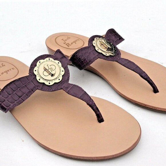 Jack Rogers Larissa Lilah Leather Thong Sandal 8.5 purple Logo Croc Embossed - Picture 1 of 7